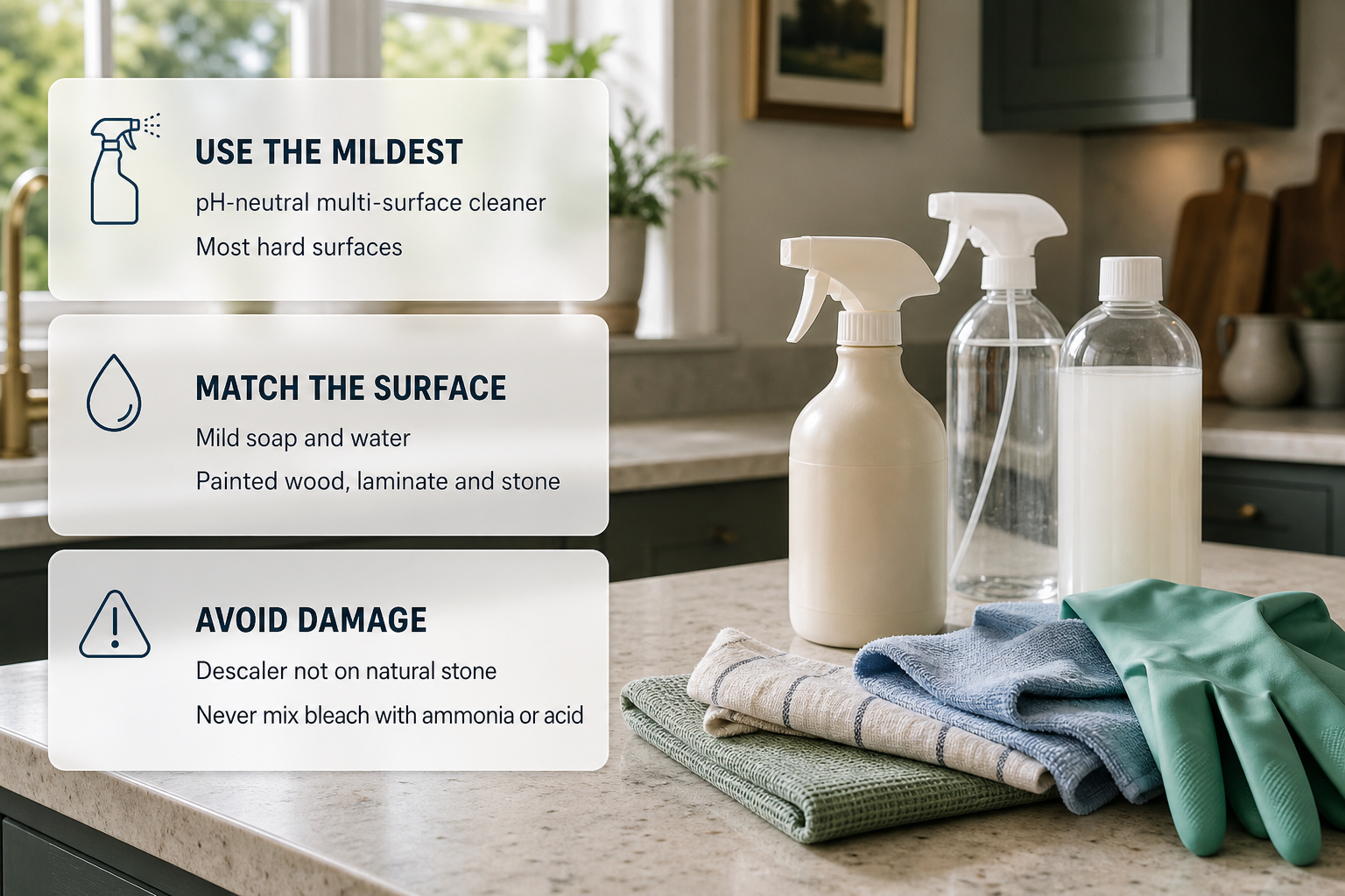 Infographic showing which cleaning products match which surfaces safely, over a photo of cleaning supplies in an Irish home.