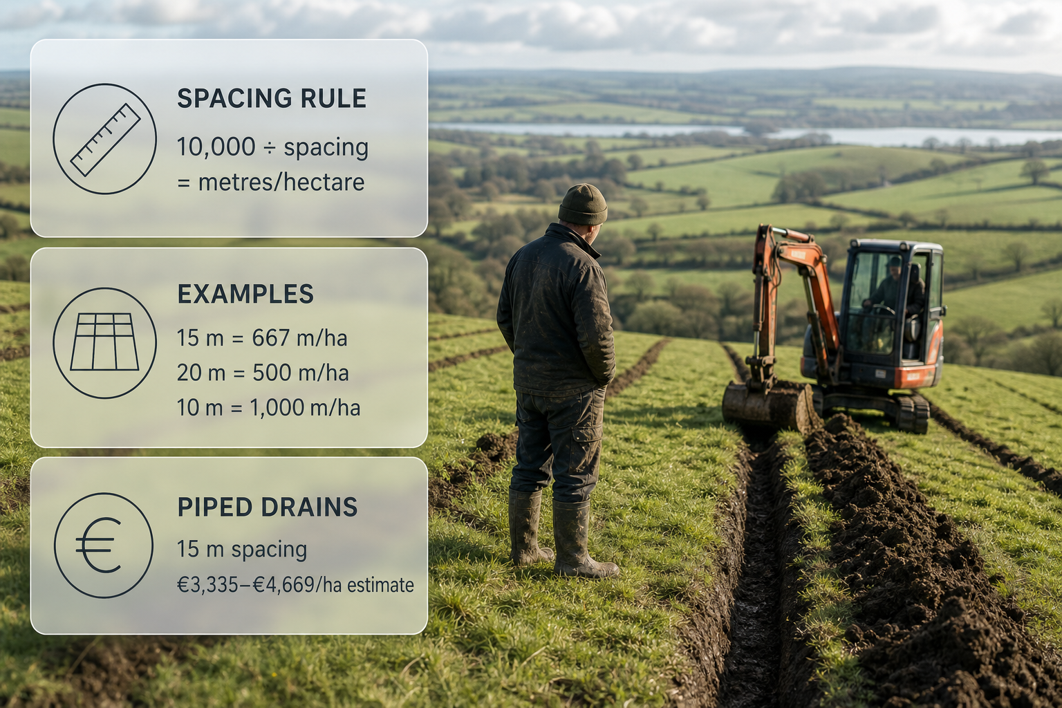 Infographic over an Irish farm field explaining how drain spacing converts into metres per hectare and affects hectare costs.