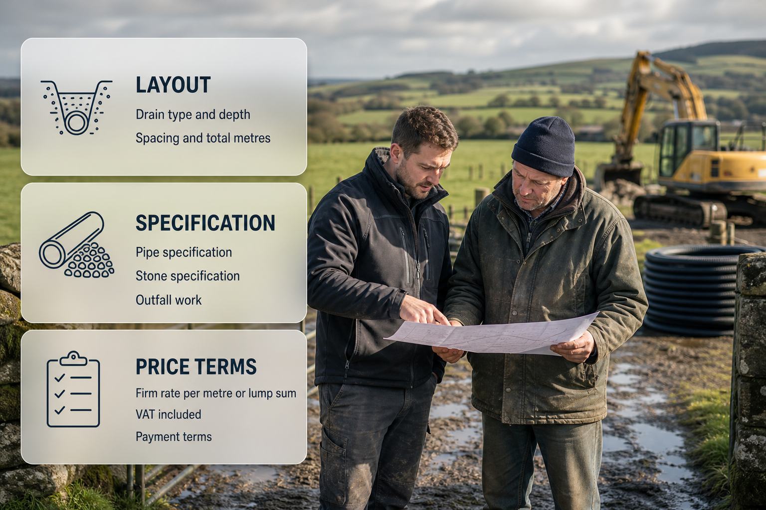 Infographic over an Irish drainage site showing the key items that should appear in a full land drainage quote.