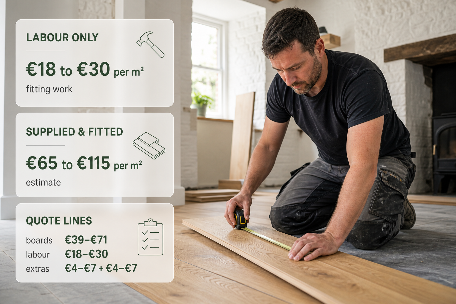 Infographic over a photo of solid wood flooring installation in an Irish room, showing the main cost ranges and quote line items.