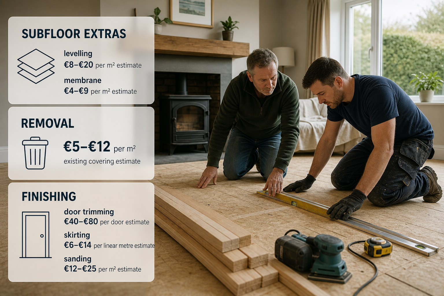 Infographic over a photo of floor preparation in an Irish home, explaining common extra costs for solid wood flooring.