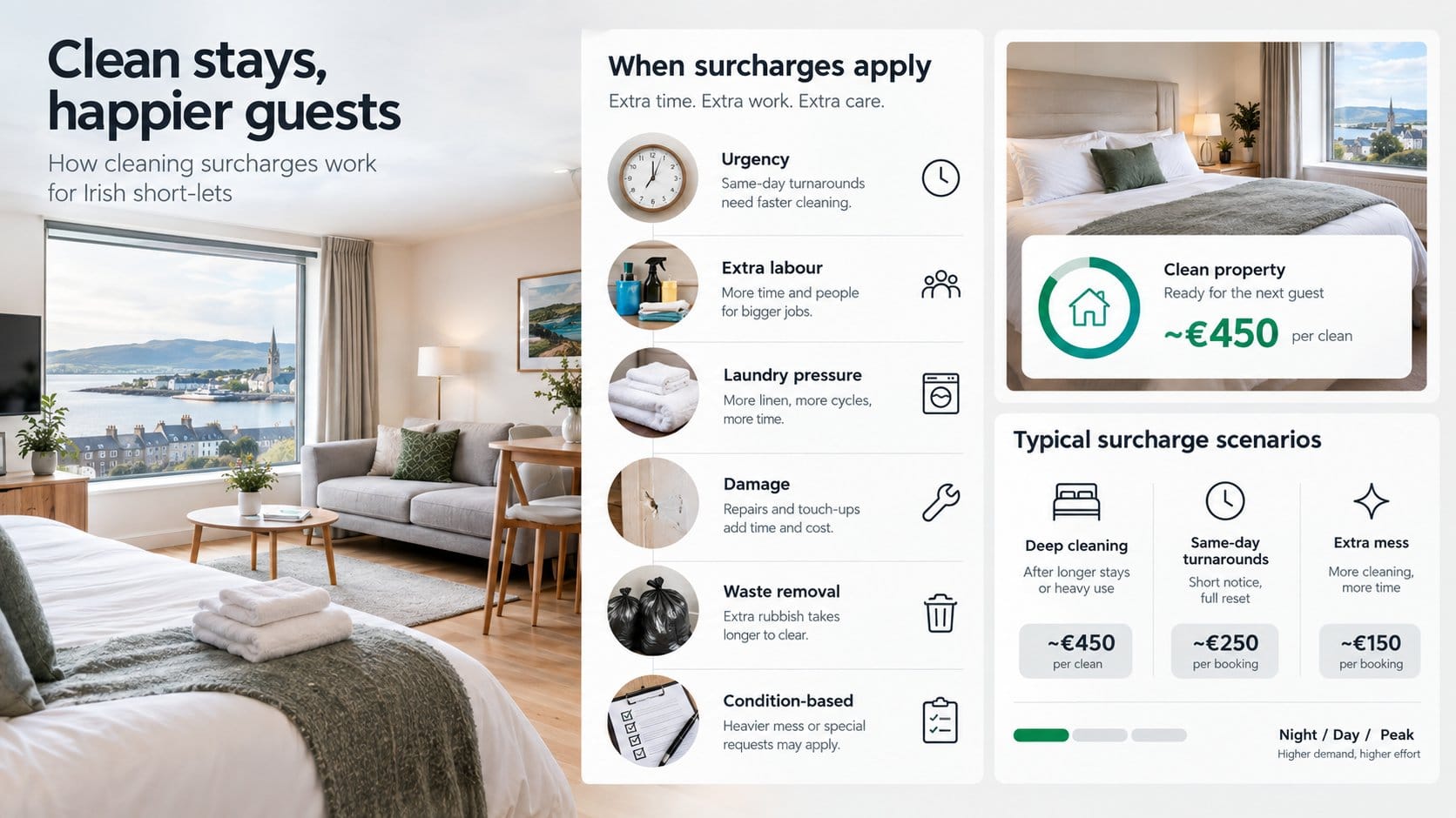 An infographic for an Airbnb cleaning article in Ireland, comparing surcharge scenarios for deep cleaning, same-day turn