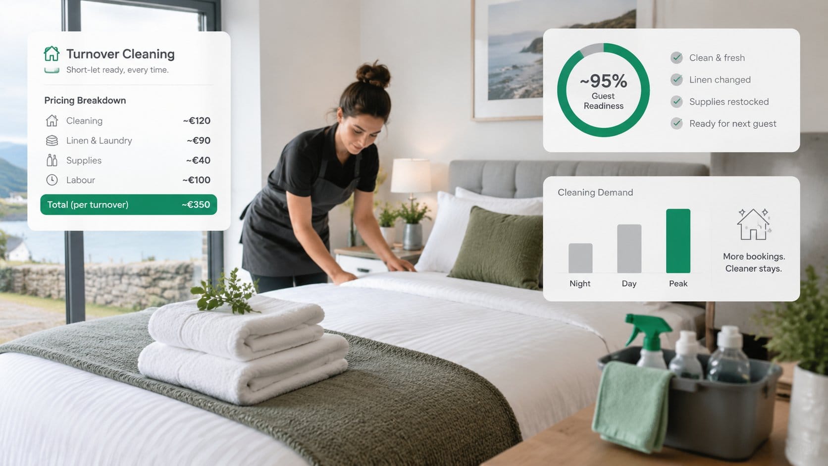 A guest-ready short-let apartment in Ireland with a cleaner preparing the space, fresh linen on a bed, folded towels, cl