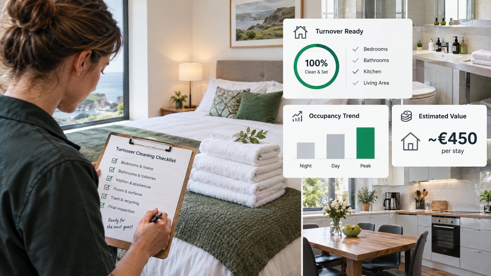 A practical Airbnb turnover cleaning checklist scene inside an Irish short-let property, showing a cleaner's checklist o