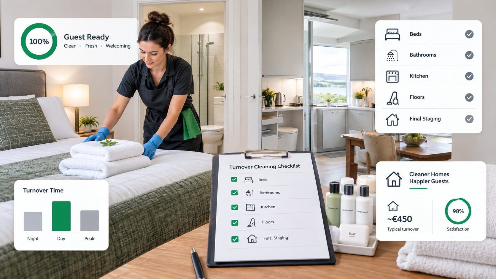 A guest-ready Airbnb turnover cleaning checklist scene inside a bright Irish short-let apartment, with a neatly made bed