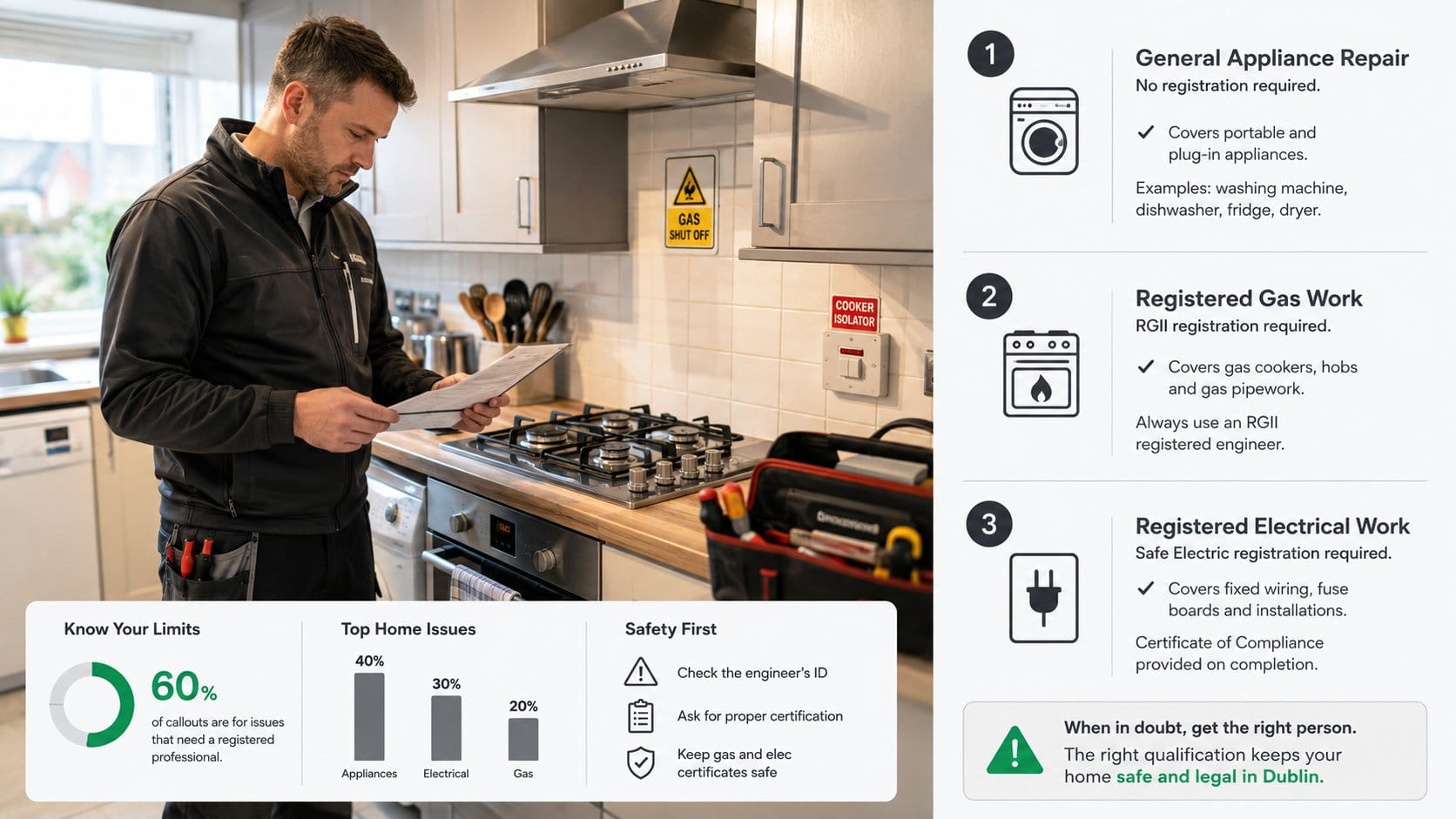 A home safety guidance scene for Dublin homeowners, showing a kitchen with common appliances and clear visual cues for t