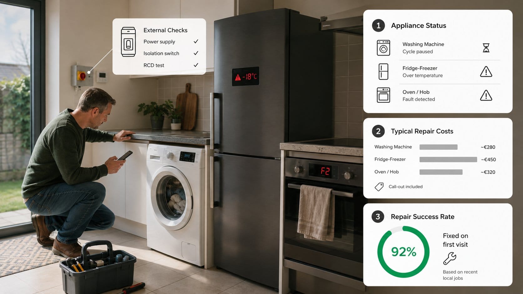A Dublin home kitchen scene showing a washing machine paused mid-cycle, a fridge-freezer with a warning temperature disp