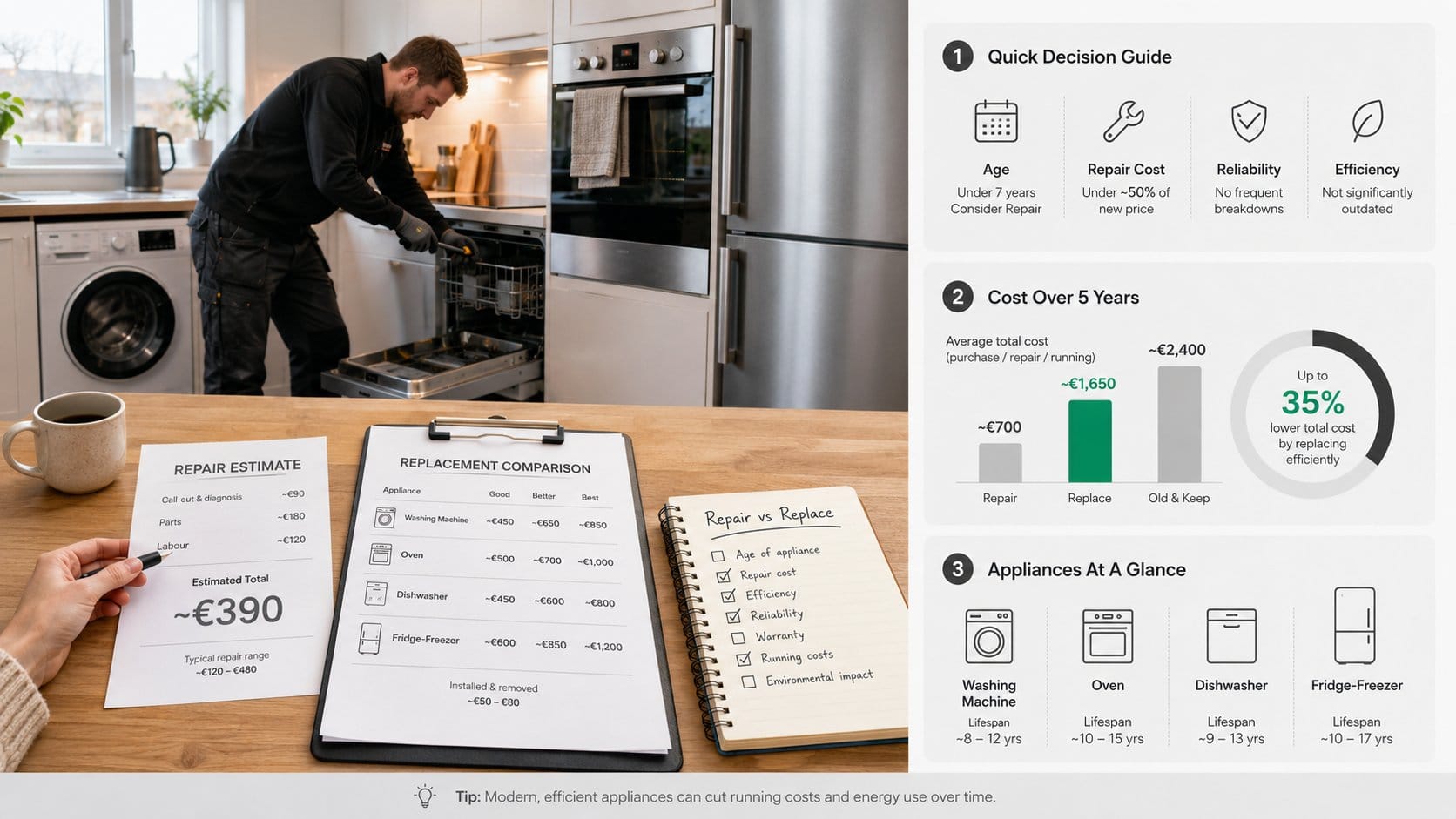 A practical home-appliance decision scene for Dublin homeowners, showing a kitchen counter with a repair estimate, a rep