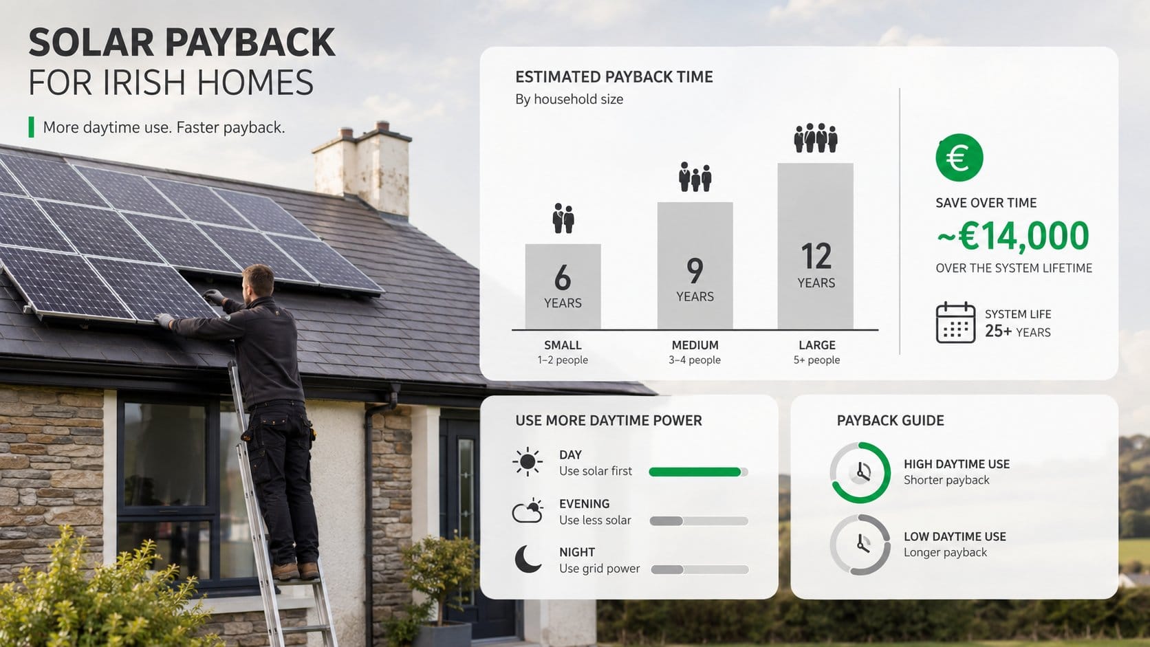 A clear comparison graphic for Irish homeowners showing estimated payback time for rooftop solar panel systems across di