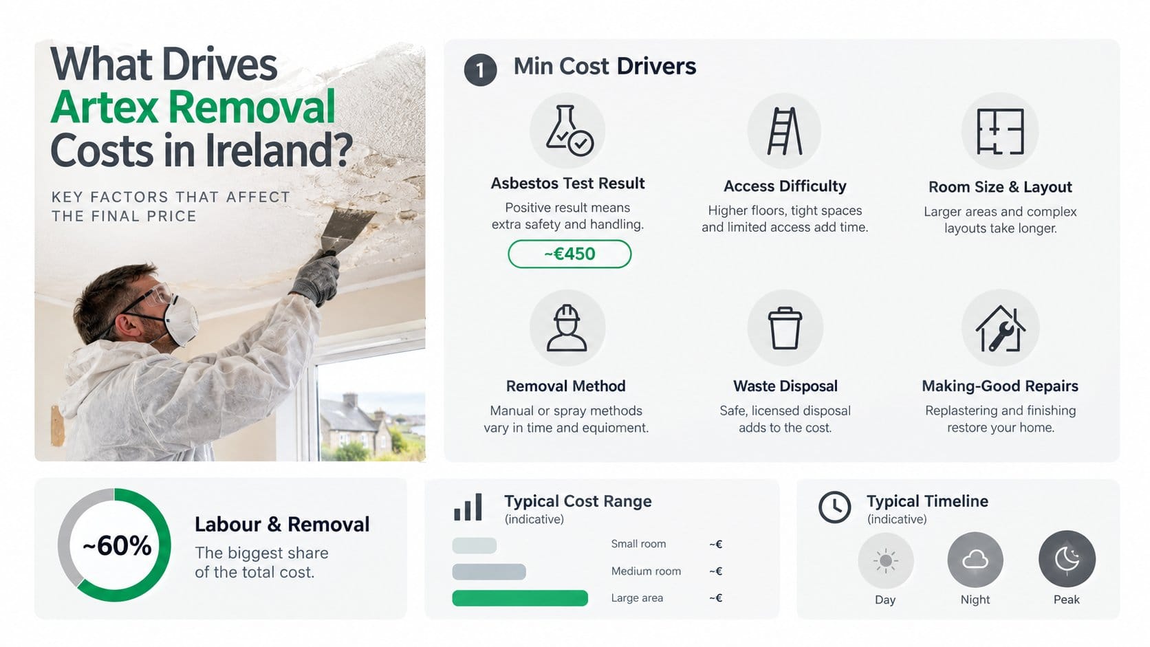 A clear visual infographic for an article section about what drives Artex removal costs in Ireland, showing key price fa