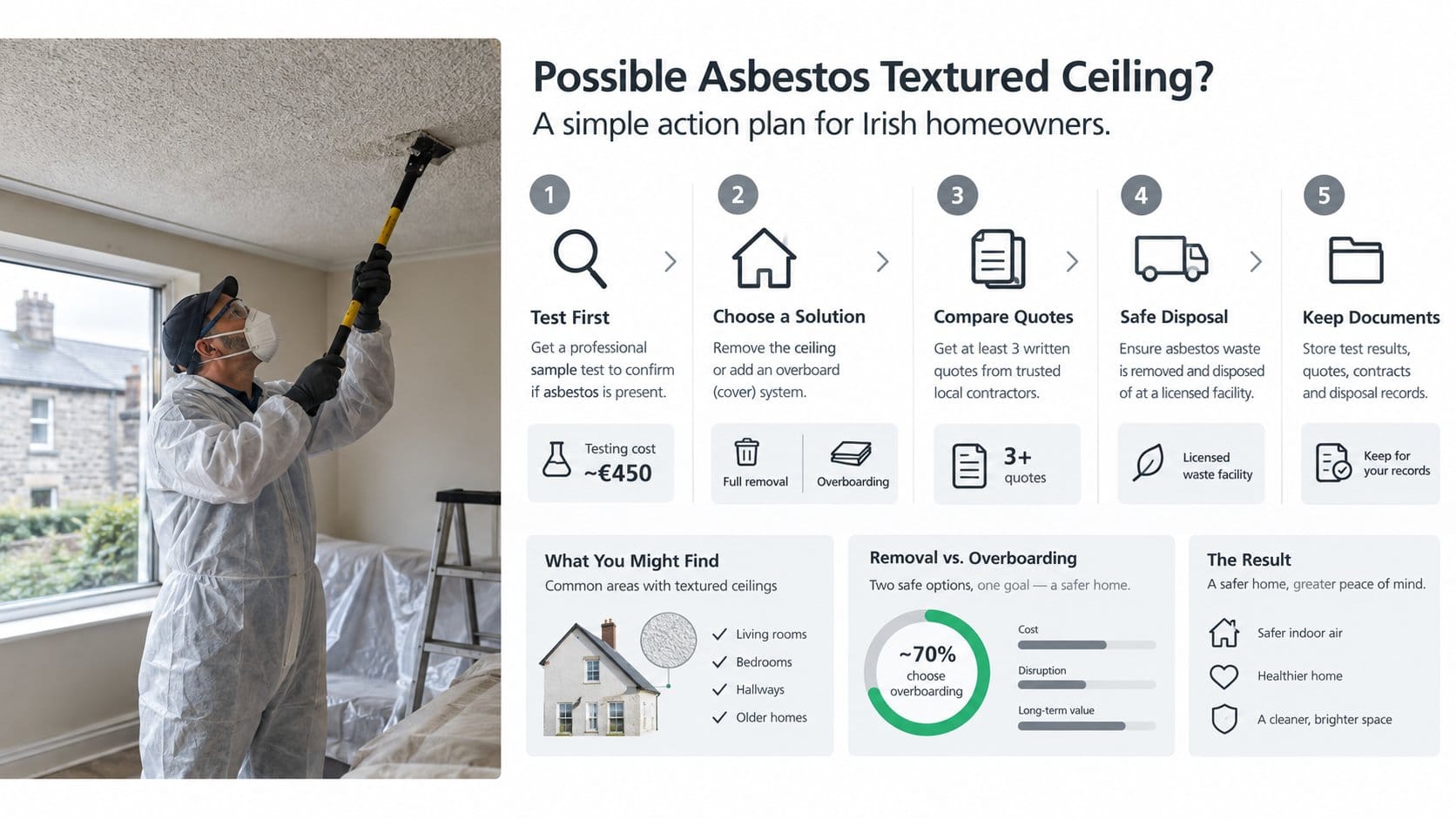 A practical homeowner action plan for dealing with a possible asbestos textured ceiling in Ireland, showing a clear step
