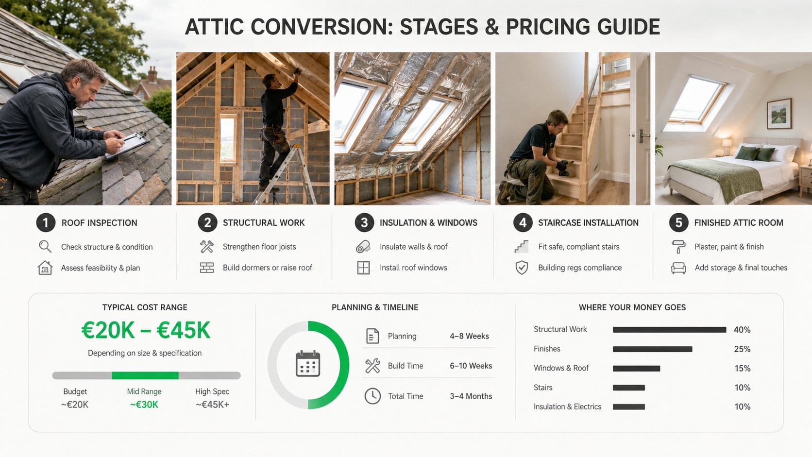 A clear section image for an article about attic conversion prices in Ireland, showing the main attic conversion stages