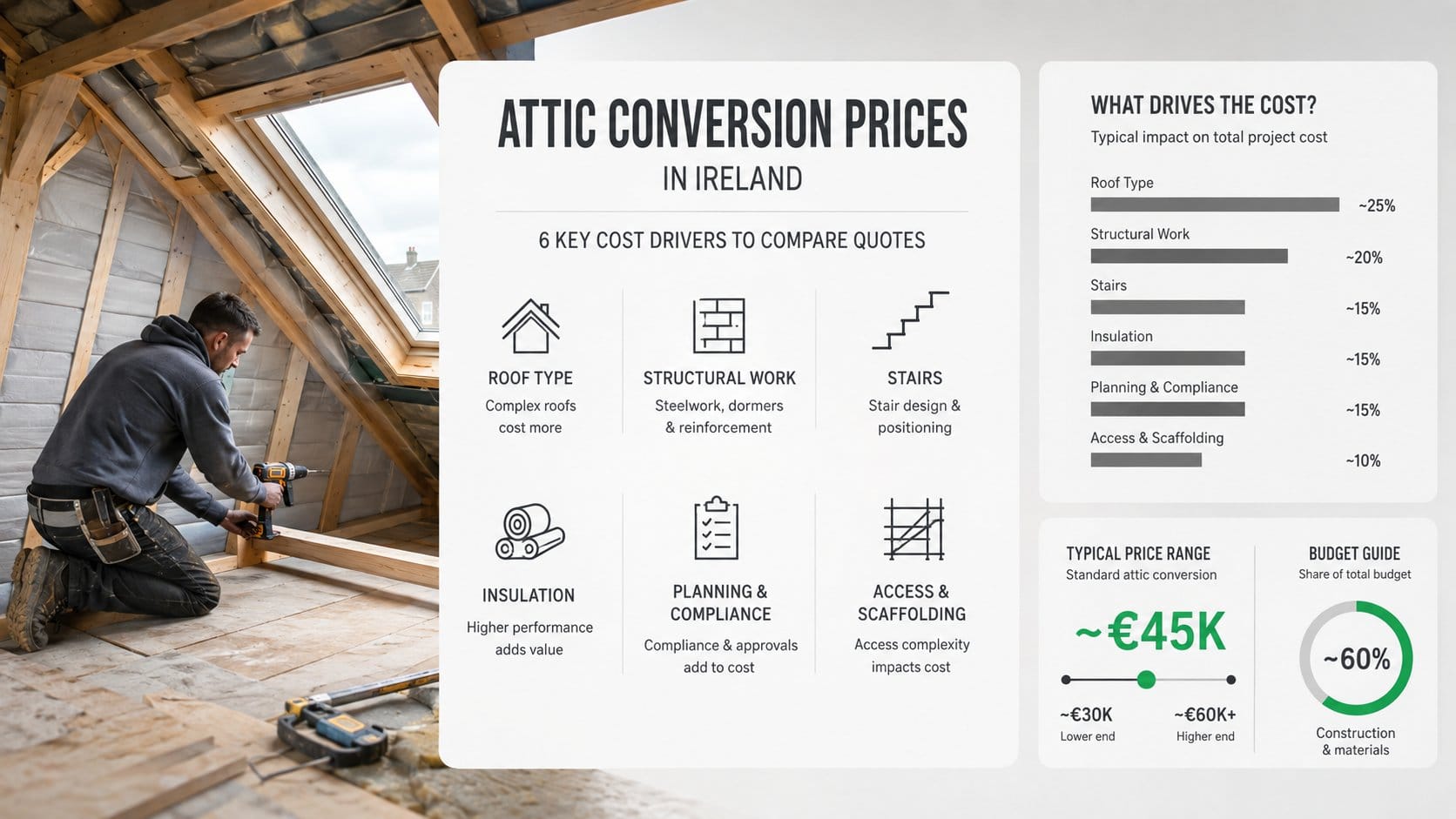 An infographic for a section about attic conversion prices in Ireland, showing six key cost drivers such as roof type, s