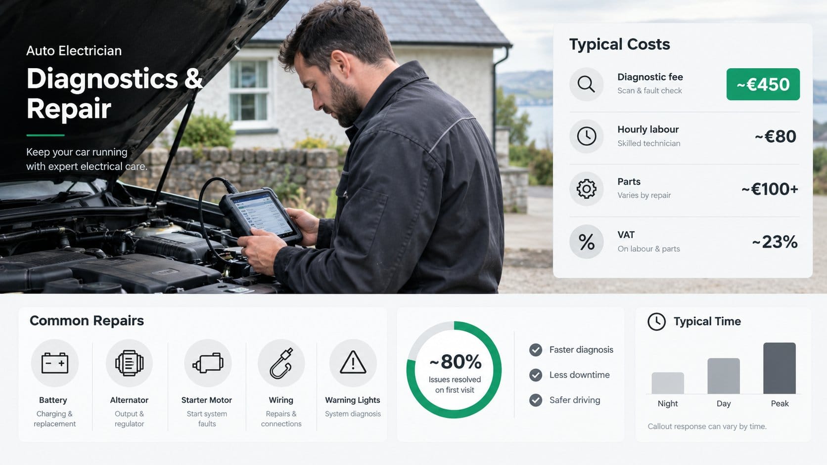 A clear automotive service pricing infographic focused on auto electrician diagnostics and repair costs in Ireland, show