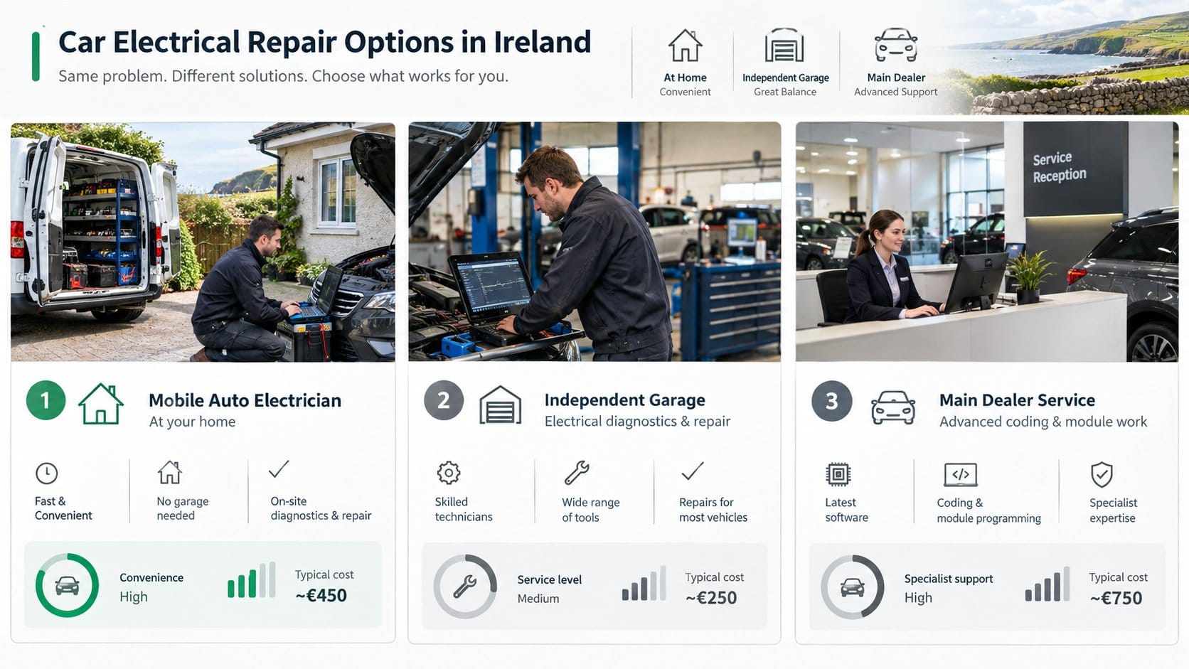 A clear comparison scene for car repair options in Ireland, showing a mobile auto electrician van assisting a driver at 