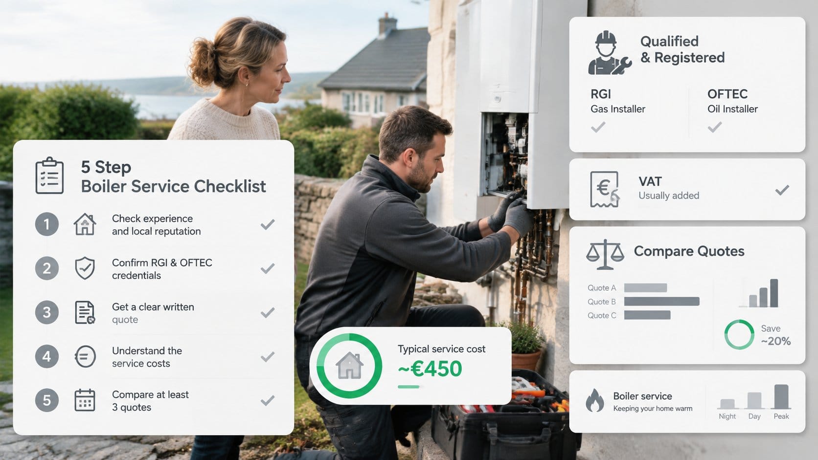 A clear five step homeowner checklist for boiler service pricing in Ireland, showing a clipboard checklist, euro price n