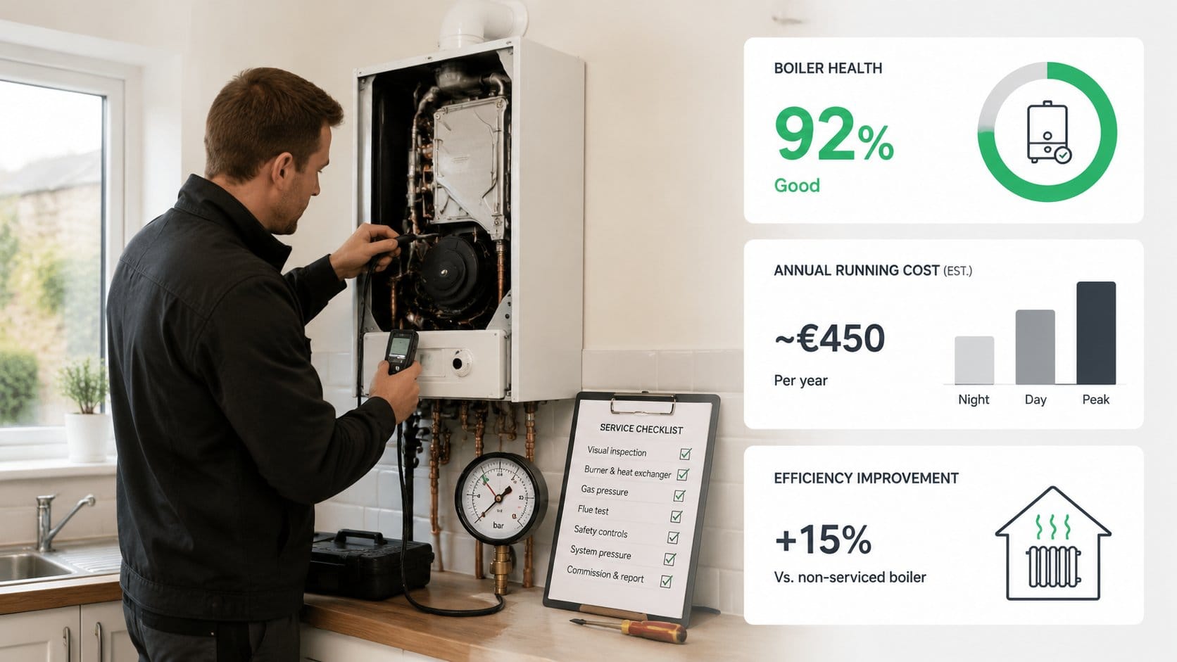 A home heating engineer servicing a domestic boiler in an Irish home, with the boiler casing open, visible inspection st