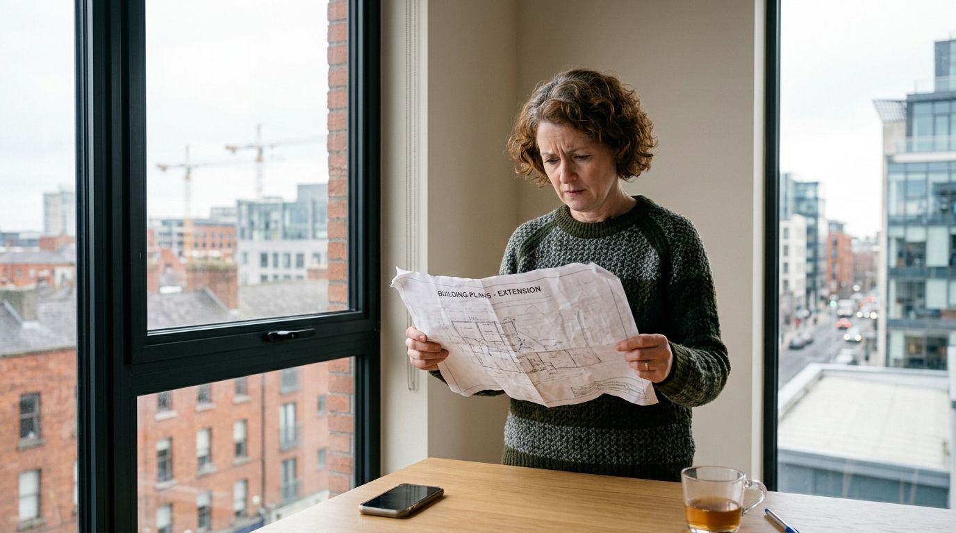A concerned woman standing by a window studying detailed building plans for a home extension project.