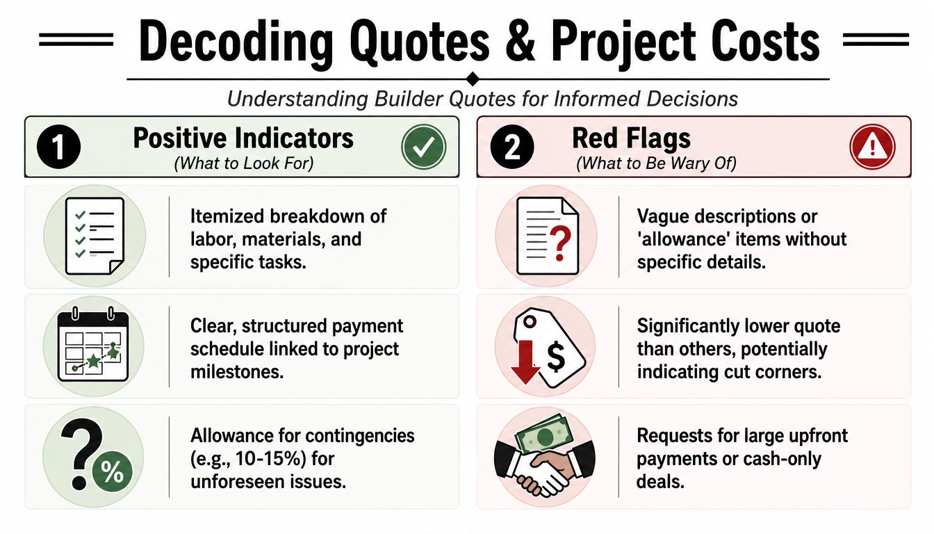 A helpful infographic comparing positive indicators and red flags for evaluating builder project cost quotes.