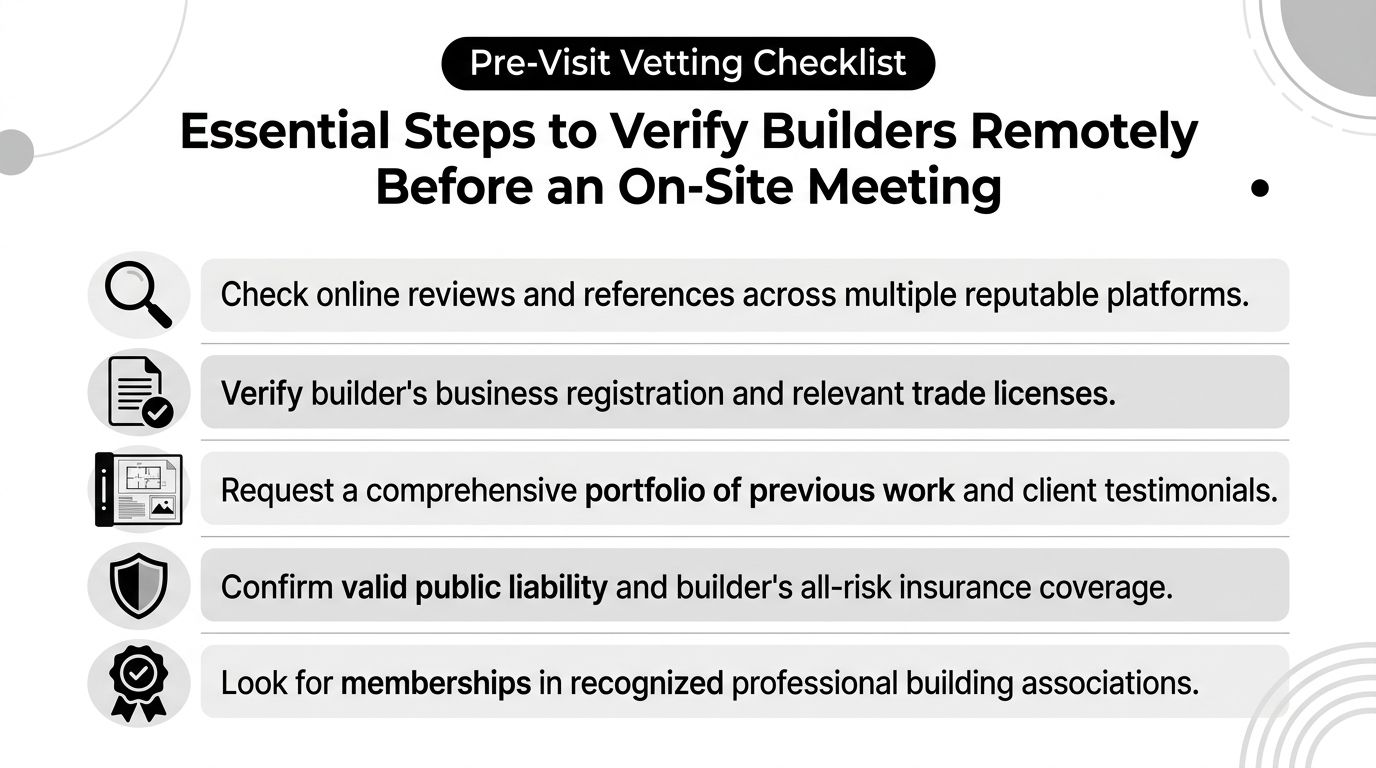 A checklist detailing essential steps to remotely verify builders before scheduling an on-site professional meeting.