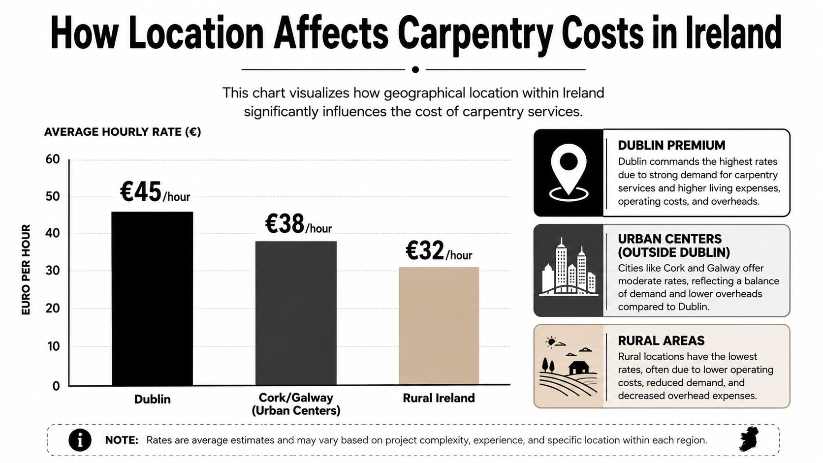 A bar chart comparing average hourly carpentry service rates across Dublin, other urban centers, and rural Ireland.