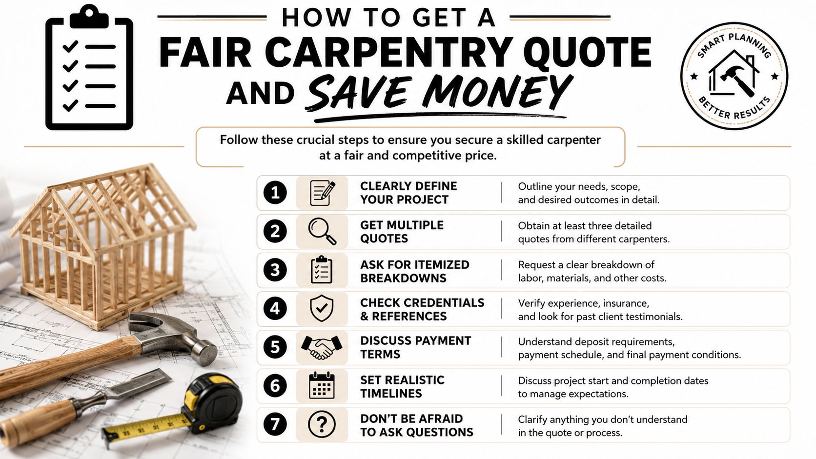 An infographic showing seven steps to secure a fair and competitive carpentry quote for home improvement projects.