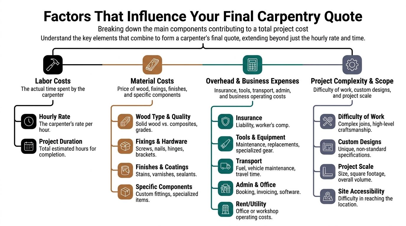 A diagram outlining the key factors that influence the total cost of professional carpentry projects.