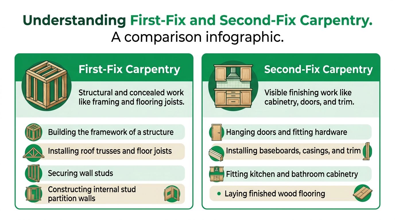 An infographic showing the differences between first-fix and second-fix carpentry with examples of each construction stage.