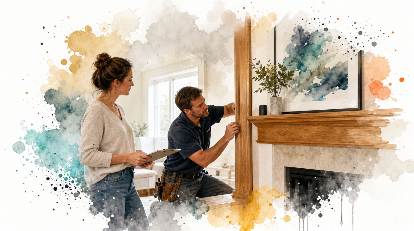 A professional carpenter working on a fireplace surround while a woman reviews the project on a clipboard.