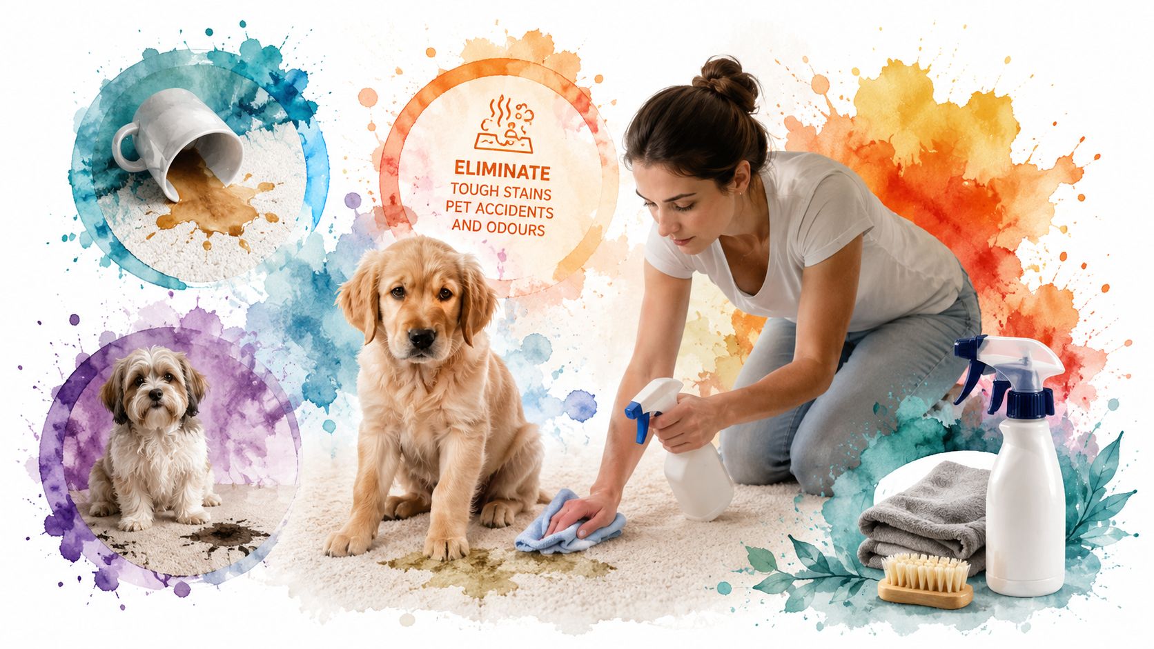 A woman cleaning a carpet stain next to a puppy while using a spray bottle and cloth.