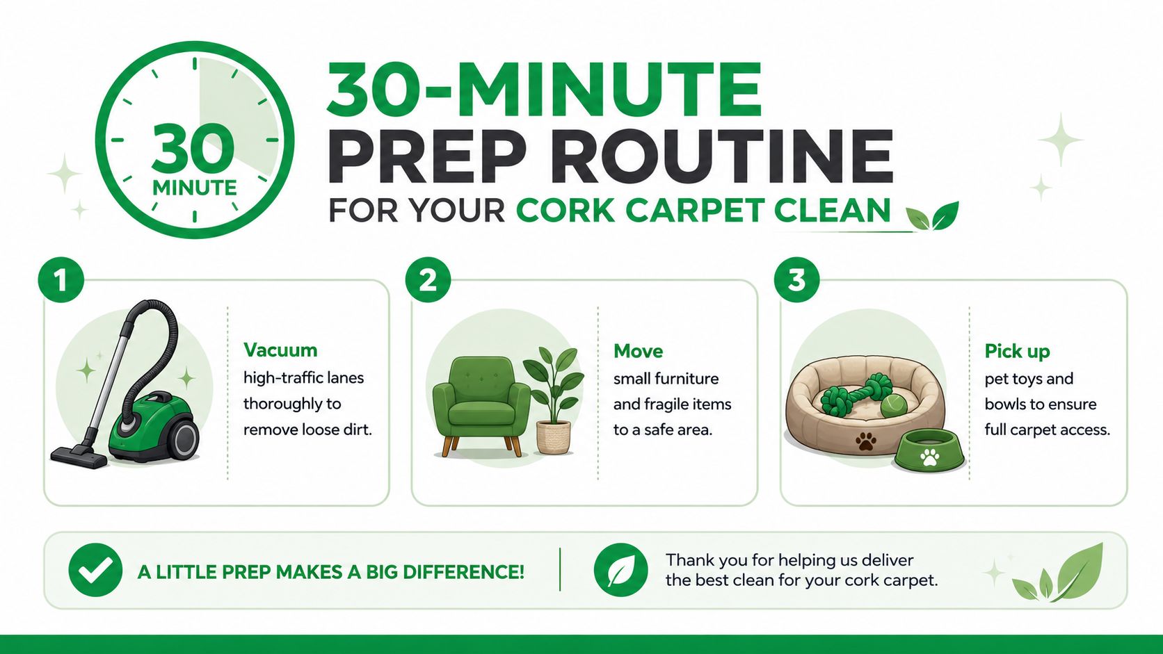 An infographic titled 30-minute prep routine for your cork carpet clean, showing three steps to prepare a room.