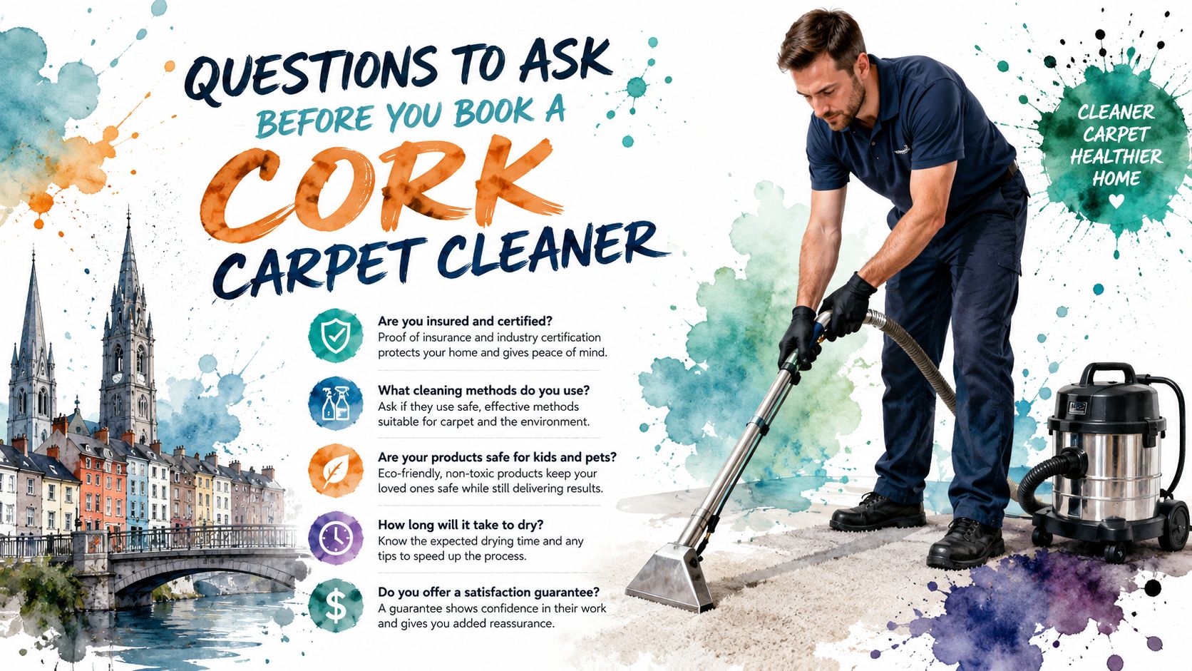 A professional cleaner using a carpet cleaning machine in a room, accompanied by service inquiry tips.