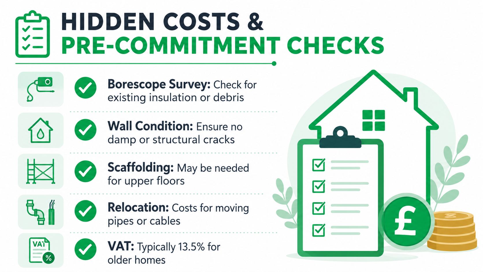 An infographic detailing hidden costs and pre-commitment checks for cavity wall insulation projects in older homes.