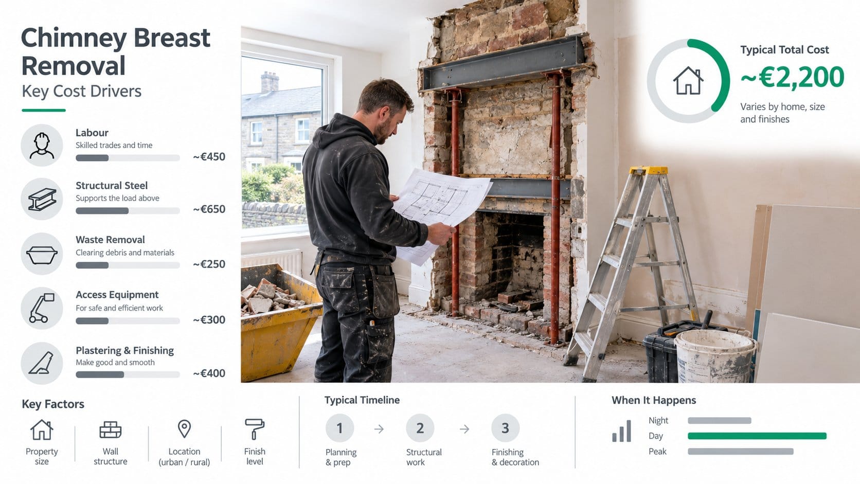 A clear section image about chimney breast removal cost drivers in an Irish home, showing a builder reviewing structural