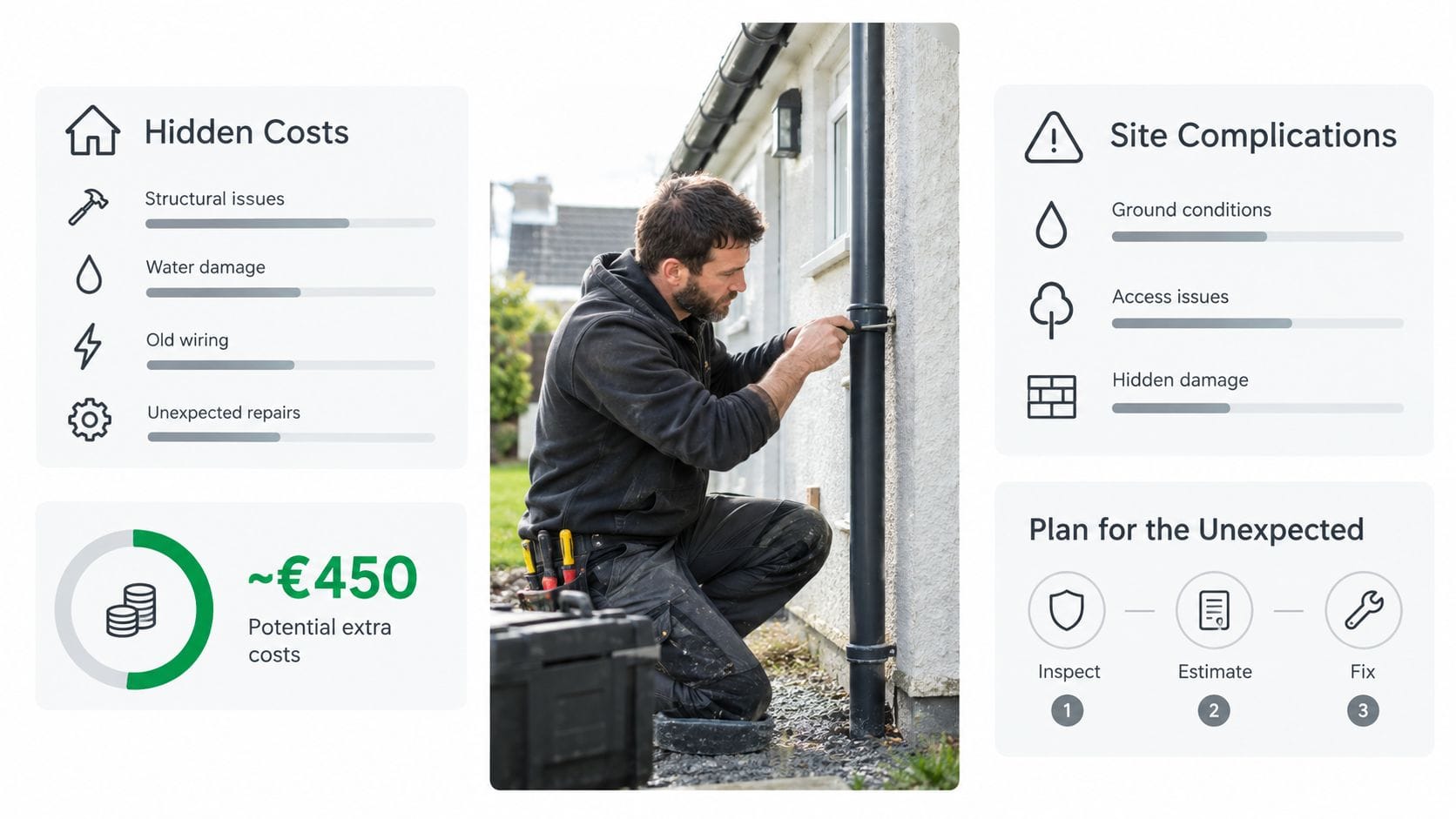 A professional builder fixing a pipe with infographic sections detailing hidden construction costs and unexpected site complications.