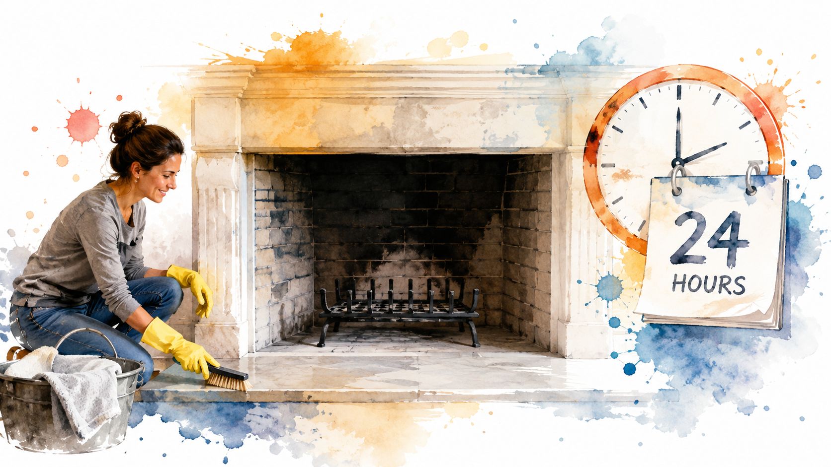 A woman cleaning a stone fireplace with a scrub brush, beside a 24-hour service clock icon.