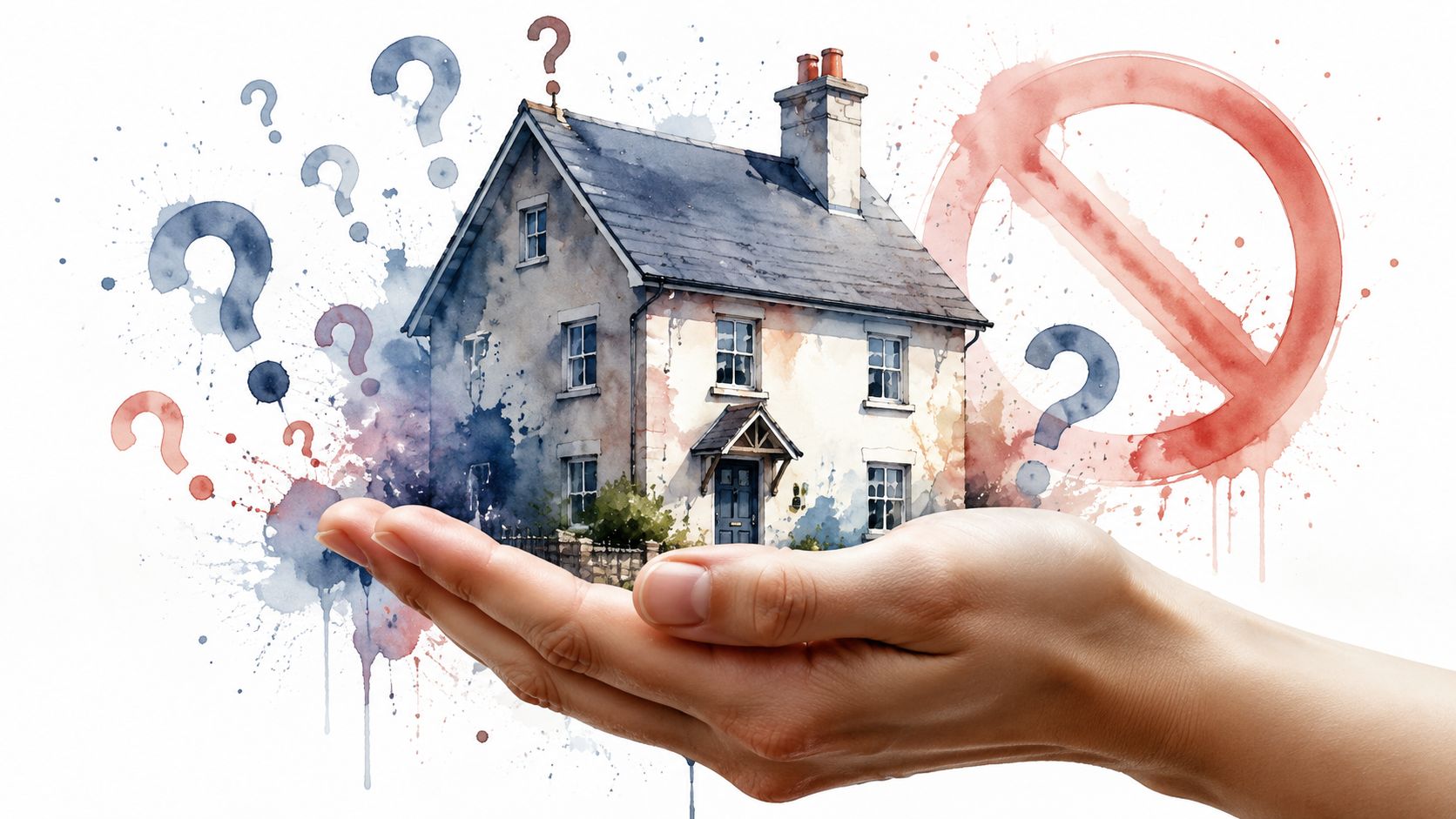 A hand holding a miniature house illustration surrounded by question marks and a red no symbol.
