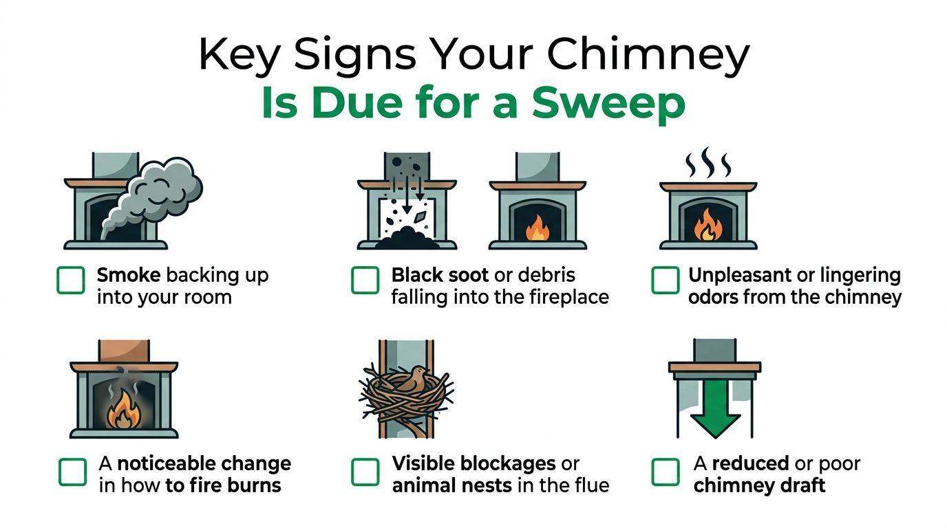 An infographic showing six warning signs that your fireplace needs a professional chimney sweep service.