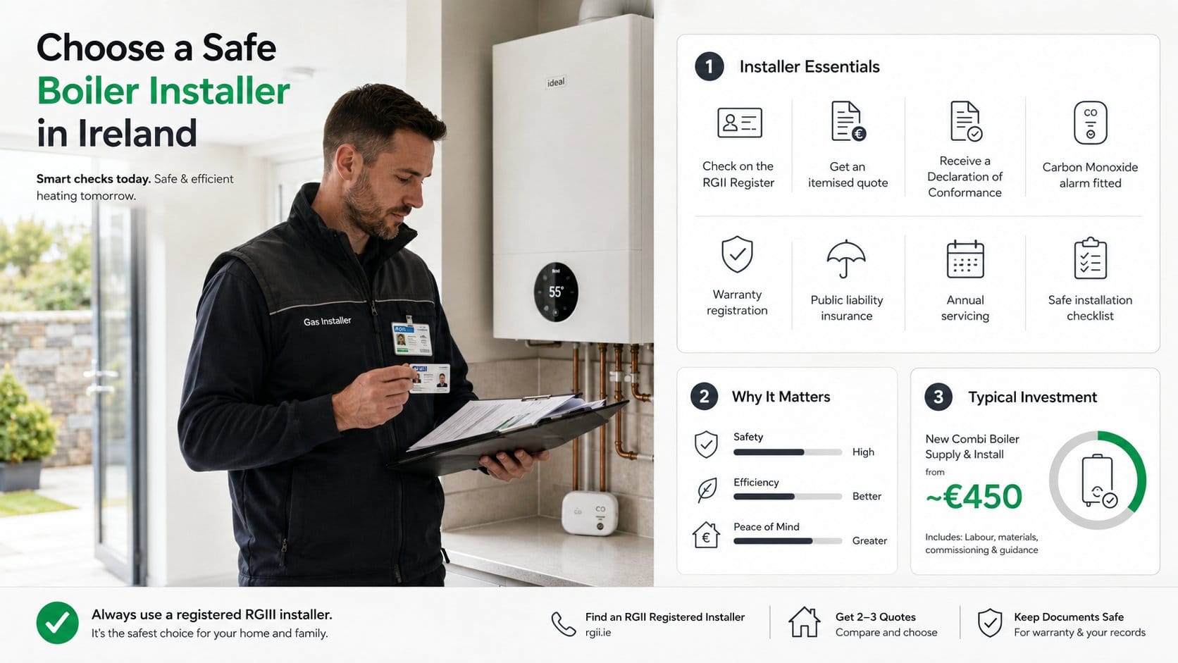 A homeowner-focused infographic for choosing a safe boiler installer in Ireland, showing a qualified gas installer check