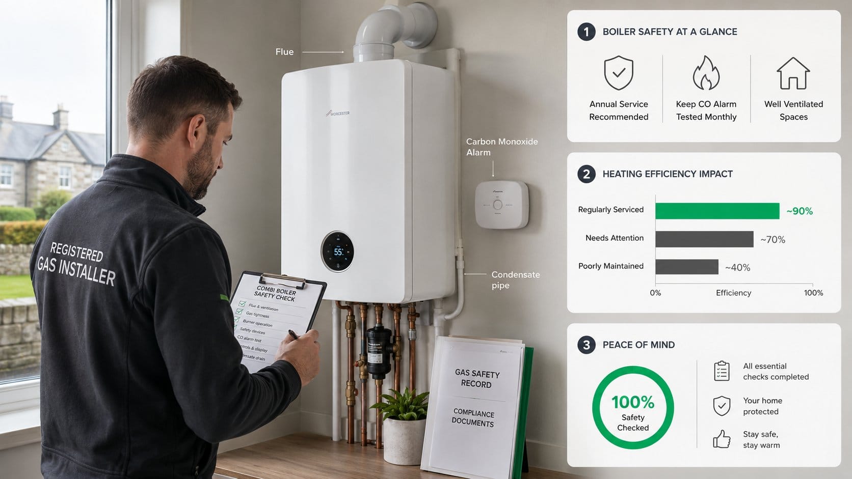 An informative scene focused on combi boiler safety in an Irish home, showing a modern wall-mounted combi boiler, visibl