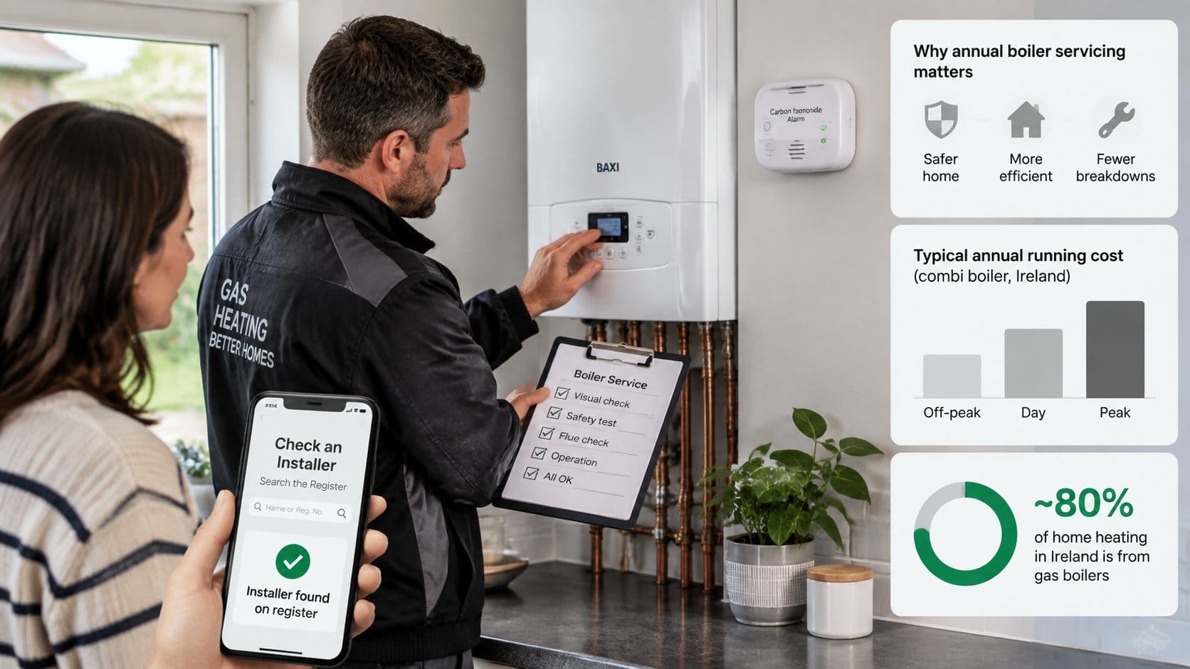 A clear homeowner-focused scene about gas boiler safety in Ireland, showing a qualified installer inspecting a modern wa