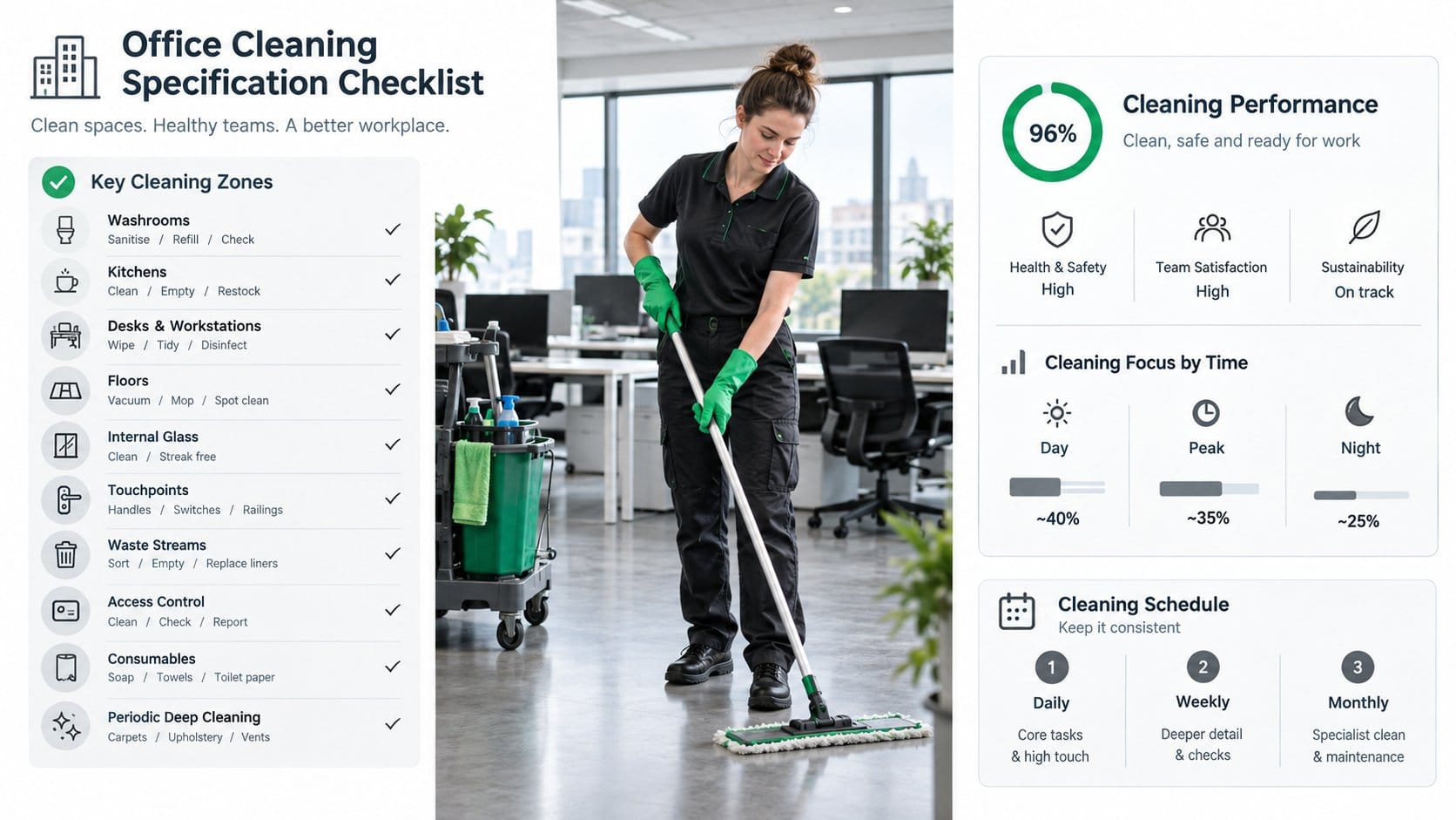 A professional office cleaning specification checklist for an Irish commercial office, showing clearly labeled zones lik