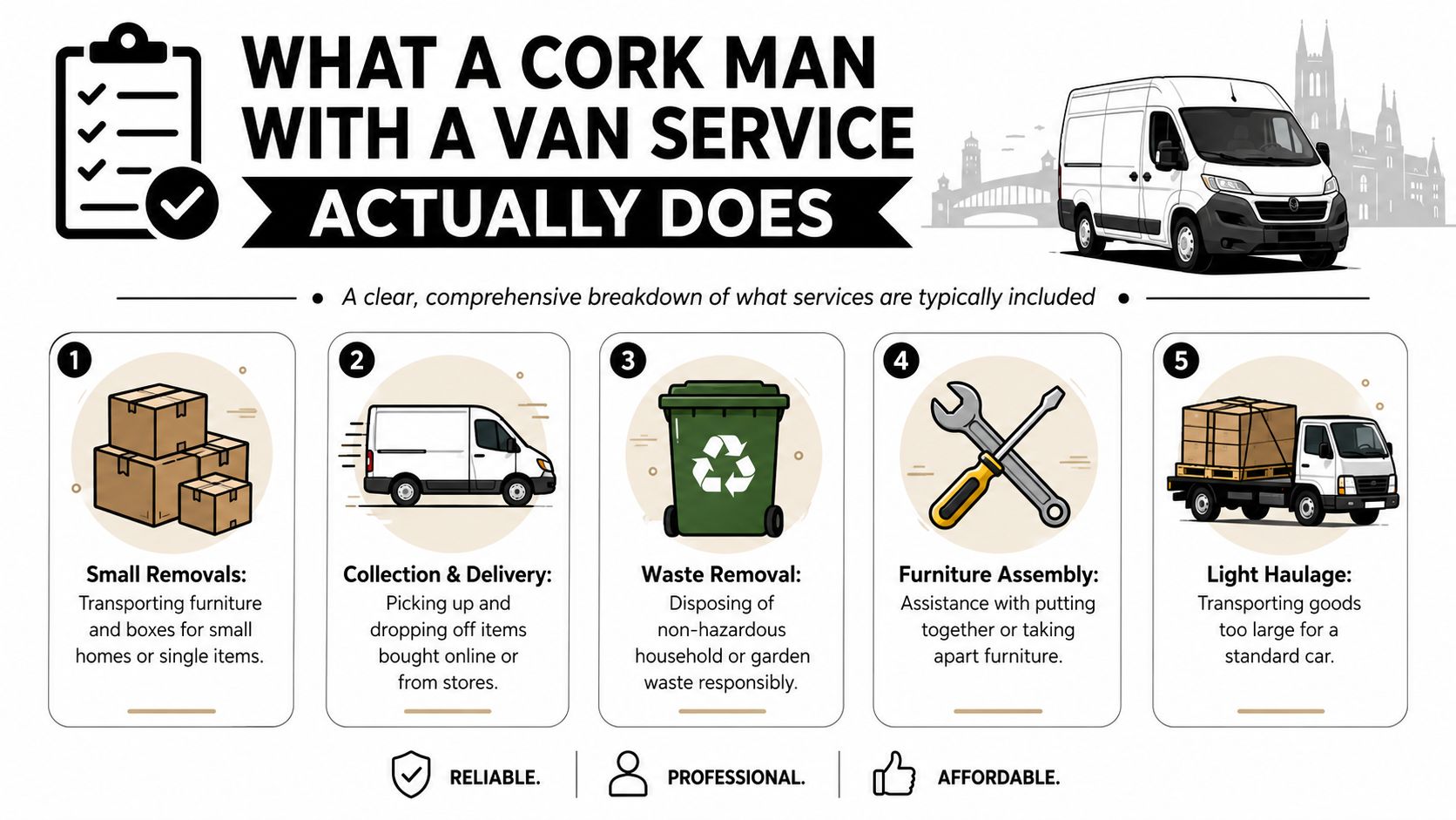 A descriptive infographic showing the five core services provided by a professional Cork man with a van.