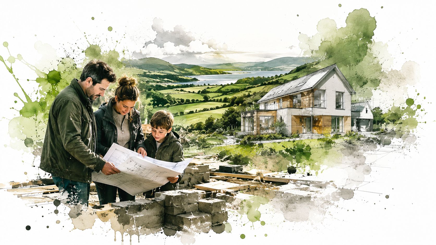 A family reviewing architectural blueprints on a construction site with a beautiful landscape and their future home.