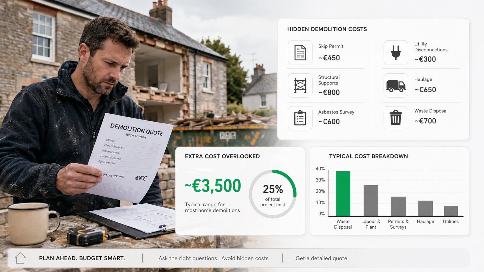 A clear visual for hidden demolition costs in Ireland, showing a homeowner reviewing a demolition quote beside icons and