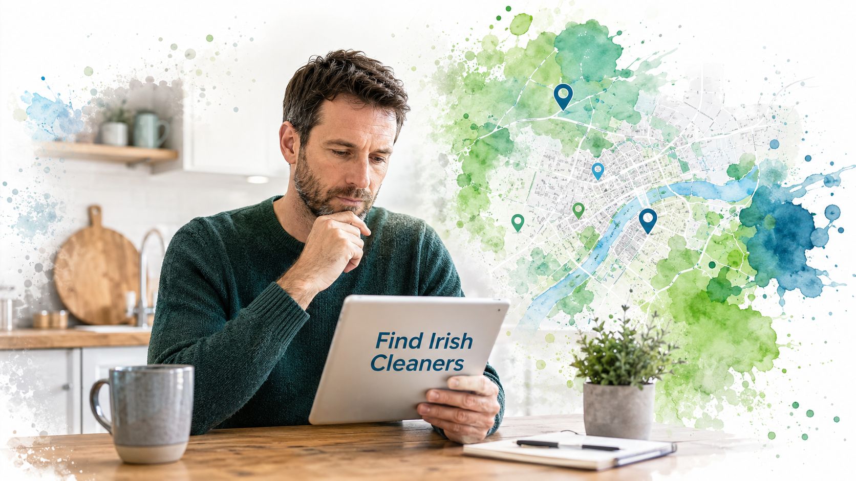 A man looking thoughtfully at a tablet displaying search results for local Irish cleaning services on a map.