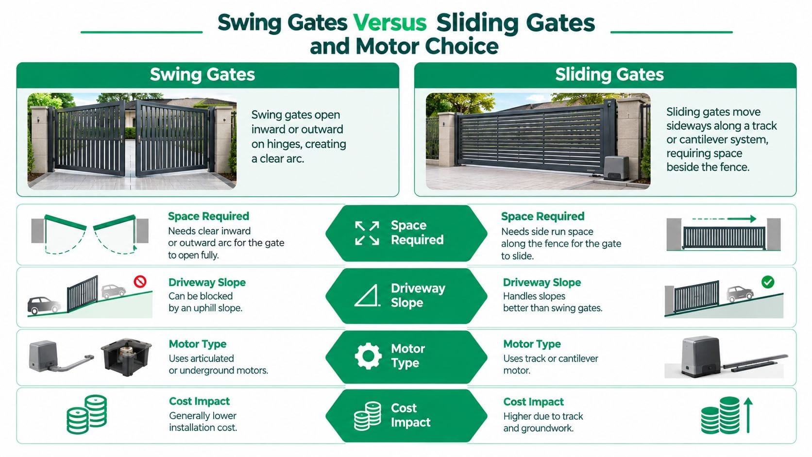A comparison infographic between swing gates and sliding gates regarding space requirements, slope suitability, motor types, and costs.