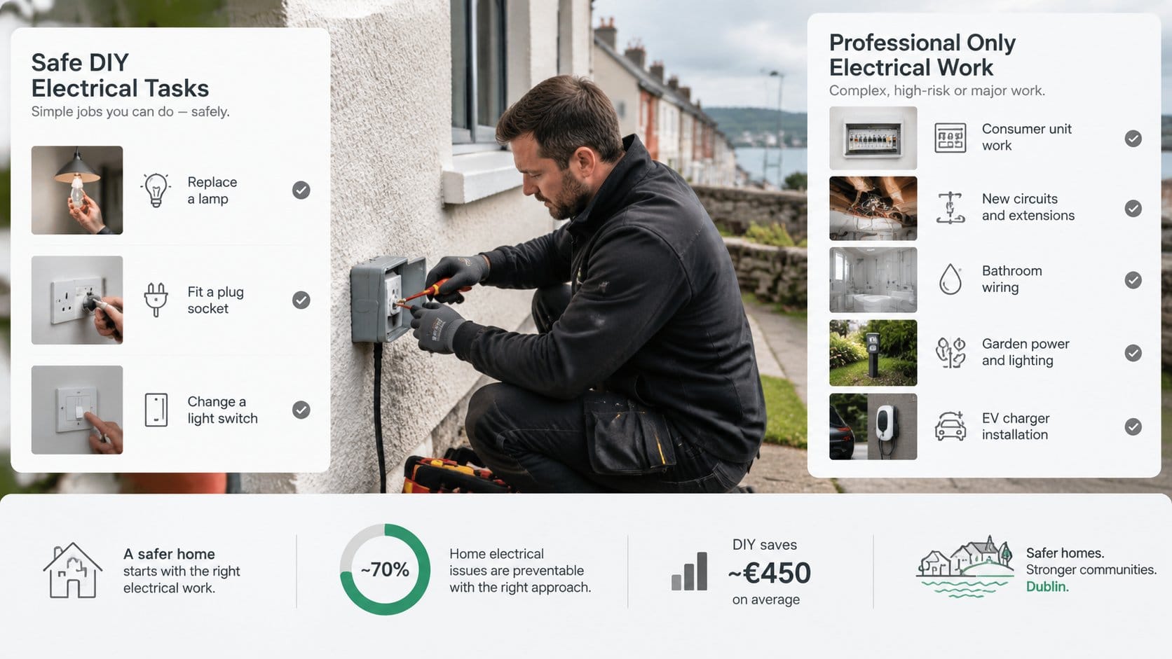An infographic for homeowners showing safe DIY electrical tasks on one side, such as replacing a lamp or fitting a plug,
