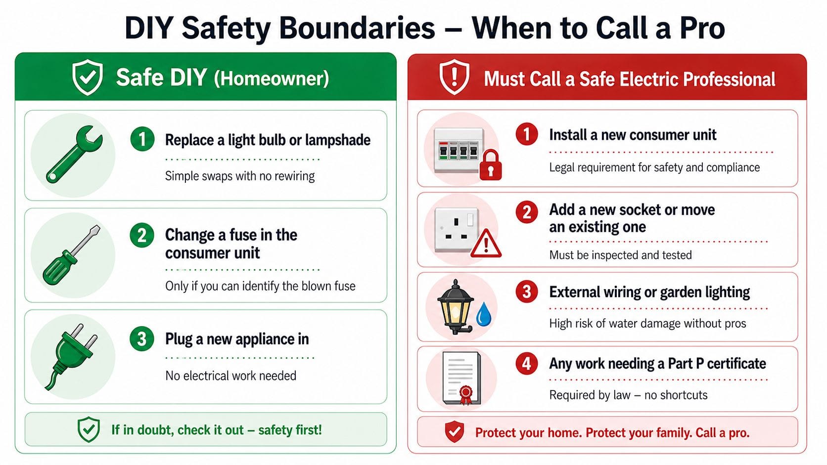 An infographic showing DIY electrical tasks homeowners can safely perform versus tasks requiring a professional electrician.