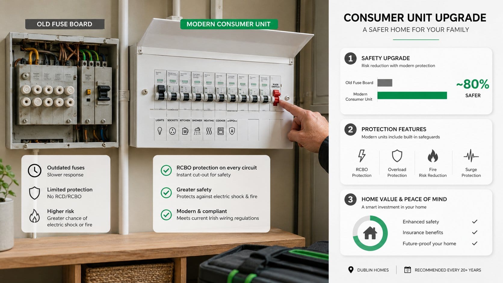A clear visual comparison for a homeowner guide showing an older domestic fuse board beside a modern consumer unit with